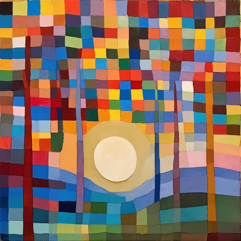 Ζωγραφιά με πολύχρωμα καρέ και φεγγάρι, εικαστικό ψυχολογικό τοπίο και χρώματα που επηρεάζουν το συναίσθημα.