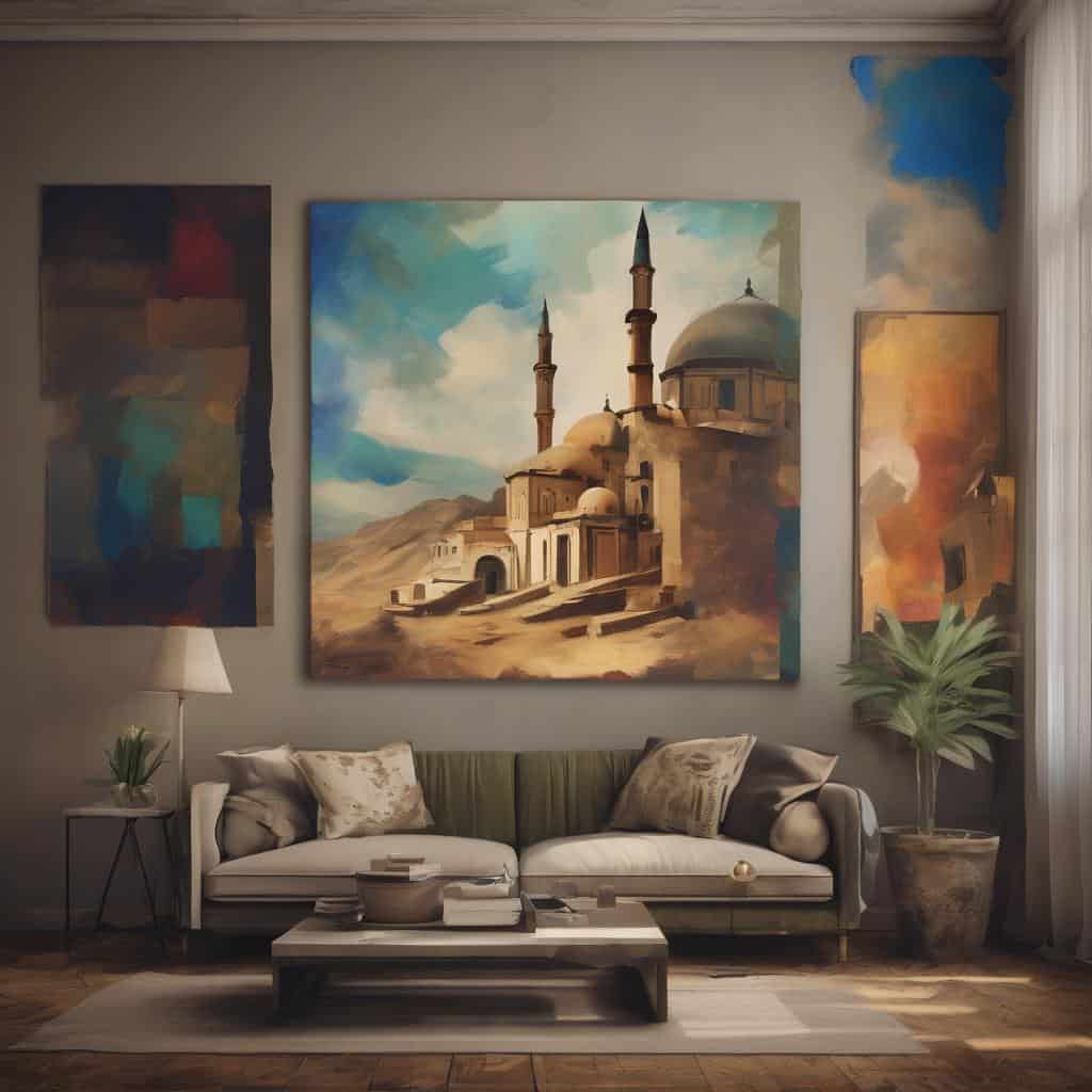 Ζωγραφική εσωτερικού χώρου με πολύχρωμα έργα τέχνης και παραδοσιακό τζαμί, ιδανική για το ψυχολογικό τοπίο του χρώματος.