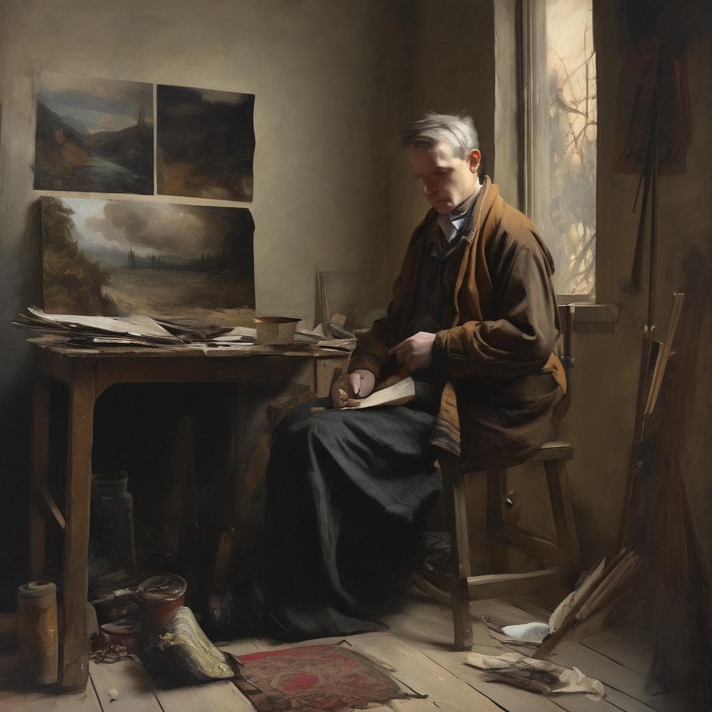 Προσωπογραφία άνδρα ζωγράφου σε στούντιο, με έργα τέχνης και καμβάδες, αναδεικνύοντας το ψυχολογικό τοπίο και την πνευματική δημιουργία.