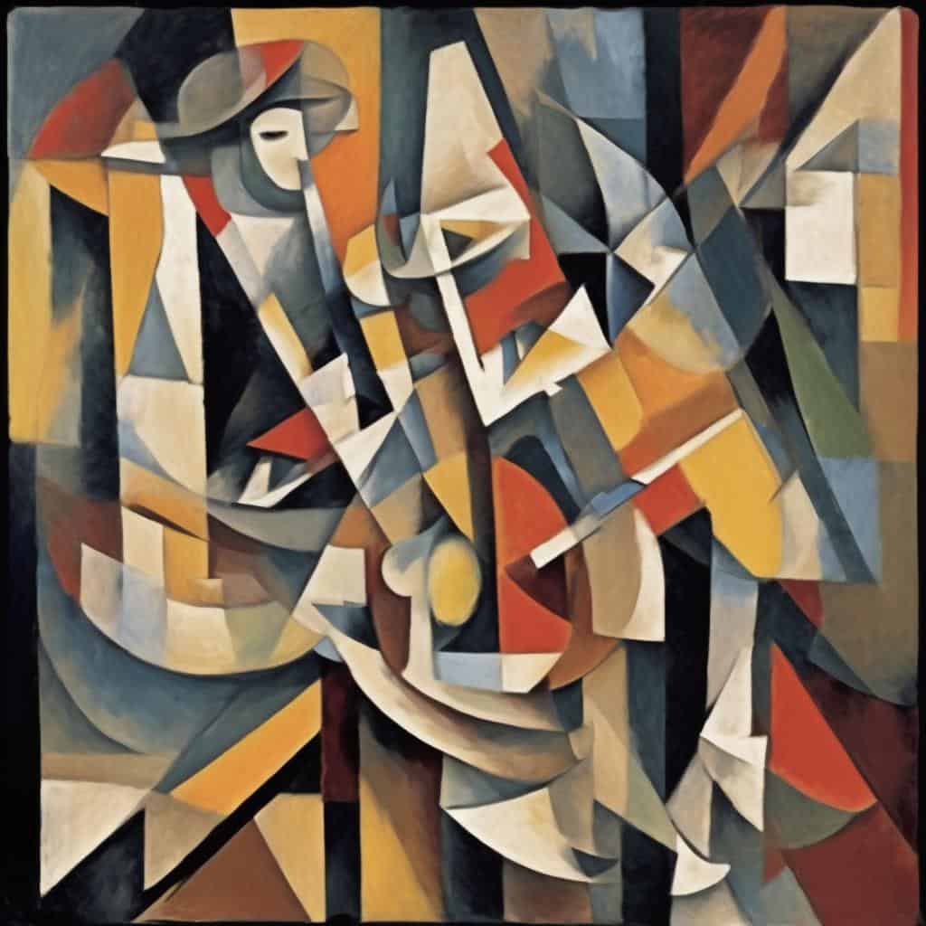 Σύνθετη αφηρημένη τέχνη με έντονα χρώματα και γεωμετρικά σχήματα, εκφράζοντας το ψυχολογικό τοπίο του χρώματος.