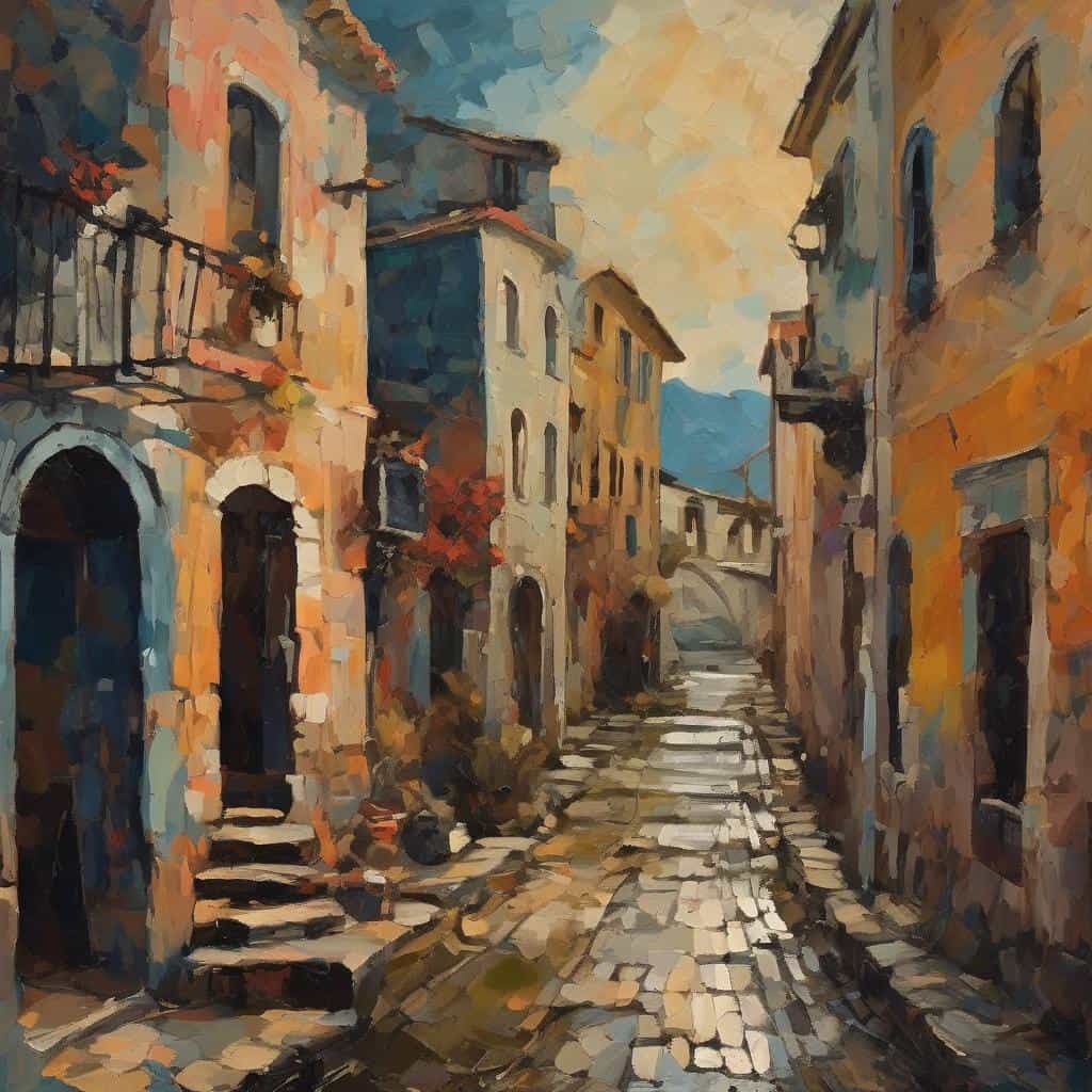 Γειτονιά με πολύχρωμα κτίρια σε ζωγραφική εικόνα, ψυχολογία του χρώματος, έμπνευση από το τοπίο, συναισθήματα και ψυχολογικό περιβάλλον.