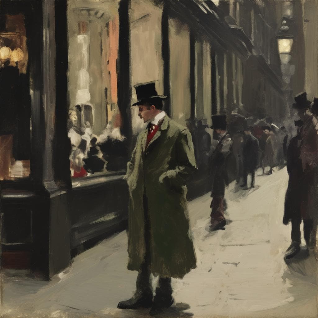 Λευκός άνδρας με καπέλο και μακρύ παλτό στο πεζοδρόμιο, με κόσμο σε πολυσύχναστη αστική τοποθεσία.