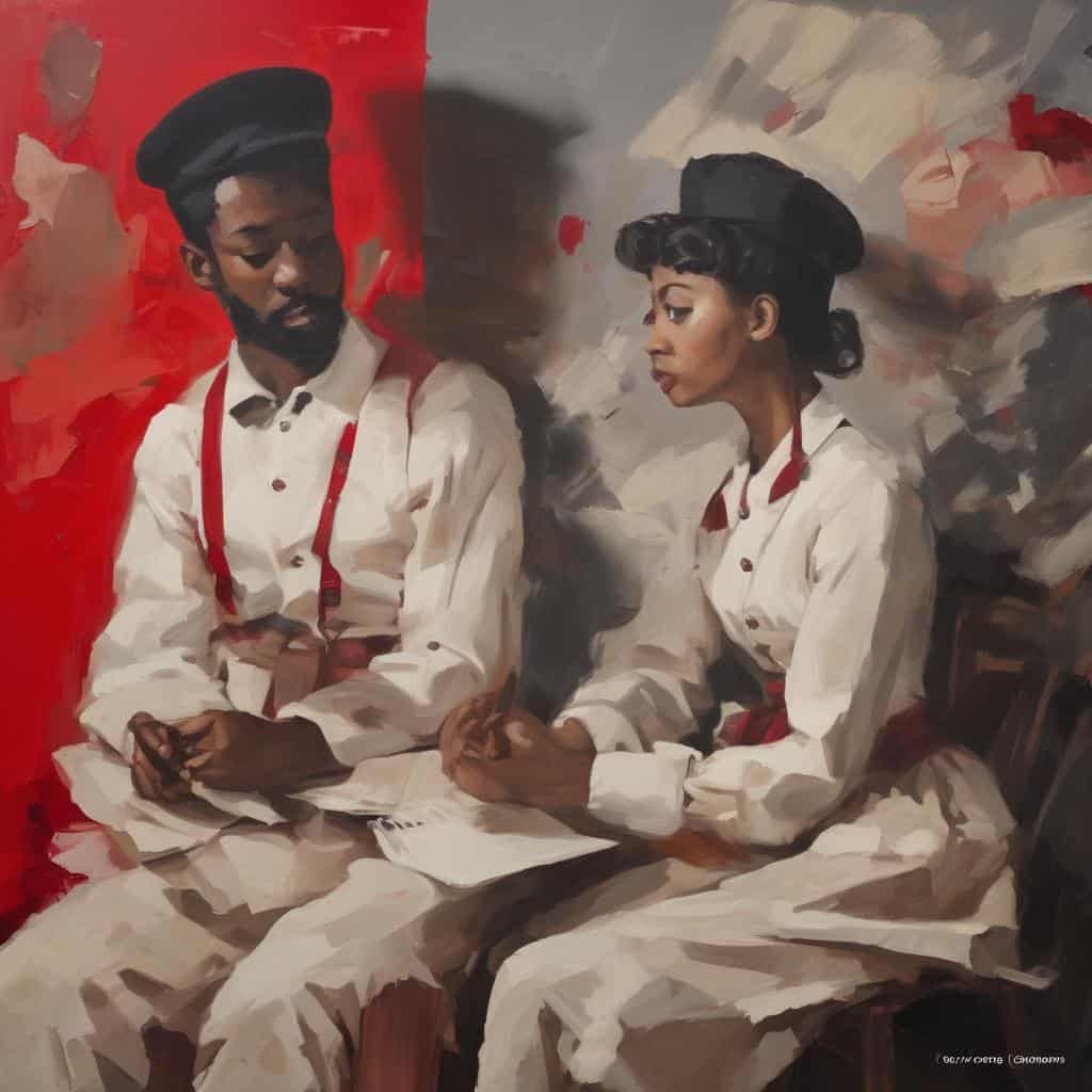 Μαύροι και λευκές στολές με κόκκινες λεπτομέρειες, πορτρέτο σε εικαστικό στιλ, το χρώμα ως ψυχολογικό τοπίο, ζωντανή και εκφραστική εικόνα, ανθρώπινο συναίσθημα και ψυχολογία, παραδοσιακό και σύγχρονο στυλ.